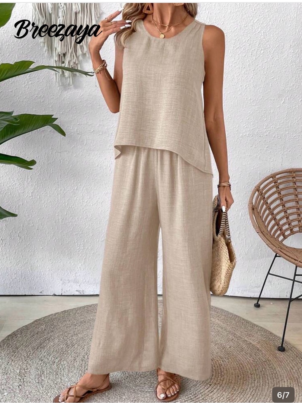 SHEIN Beige Crochet-Back Wide-Leg Jumpsuit - Picture 5 of 15